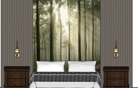 Élévation de chambre neuve avec mur accent forêt derrière le lit, tables de nuit en bois et appliques en laiton
