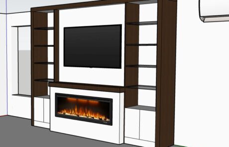 Perspective 3D d’un mur média sur mesure au salon : télé murale, foyer linéaire, étagères et modules fermés en bois et blanc