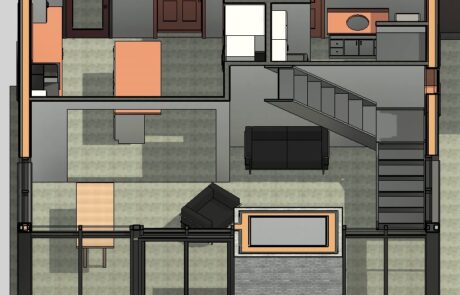 Vue en plan du rez-de-chaussée d’une maison unifamiliale neuve : escalier central, salon, salle à manger, grandes baies vitrées et terrasse