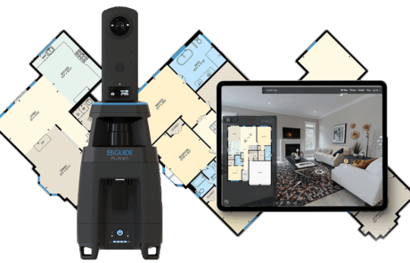 Caméra iGUIDE Planix devant des plans d’étage et une tablette affichant une visite virtuelle et le plan