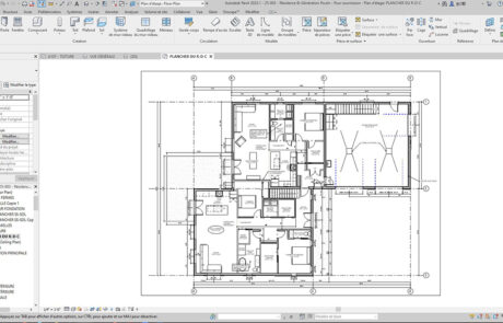Plan architectural détaillé en noir et blanc d’une maison neuve bigénération, montrant la disposition des pièces, la circulation et le garage