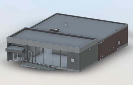 Rendu 3D d’un bâtiment commercial existant pour relevé architectural, avec façade vitrée, entrée et rampe d’accès, en préparation de rénovation